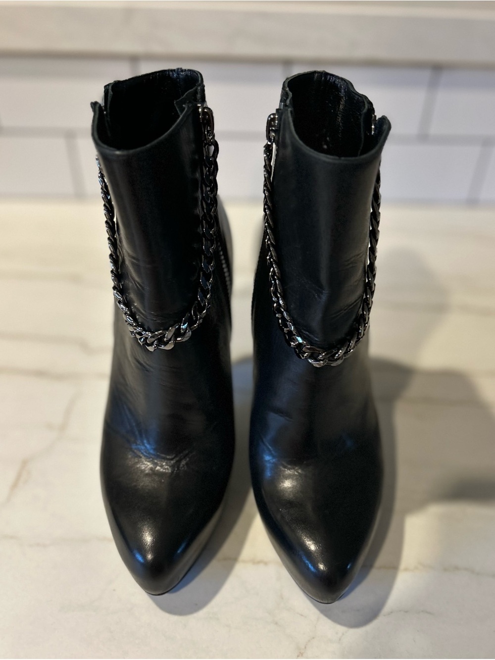 AllSaints Black Leather Chain Stiletto Platform Ankle Boots
